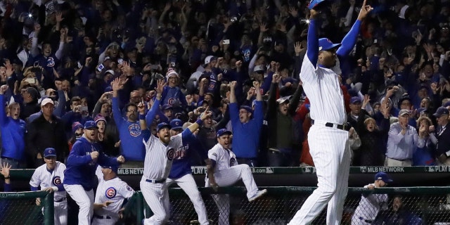 Oct. 22, 2016: Chicago Cubs relief pitcher Aroldis Chapman (54) celebrates after Game 6 of the National League Championship Series against the Los Angeles Dodgers.
