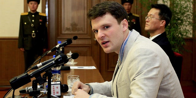American student Otto Warmbier speaks as Warmbier is presented to reporters Monday, Feb. 29, 2016, in Pyongyang, North Korea. North Korea announced late last month that it had arrested the 21-year-old University of Virginia undergraduate student. (AP Photo/Kim Kwang Hyon)
