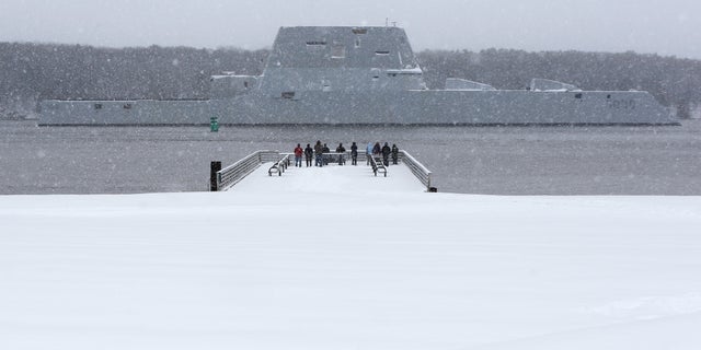 The USS Zumwalt makes its way down the Kennebec River.
