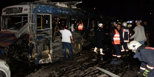 The aftermath of an explosion in Ankara that occurred near a bus stop.
