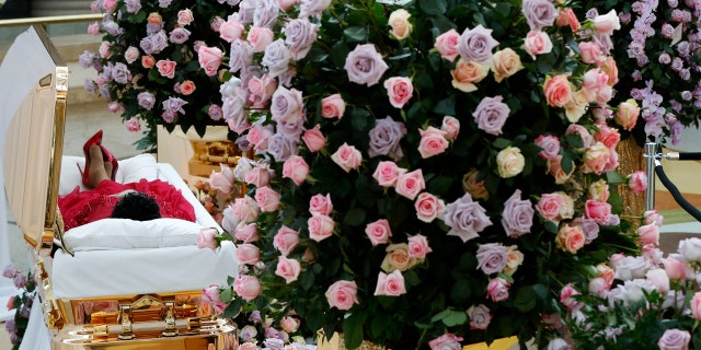 Franklin lies in her golden-plated casket as fans flock to her see her at the Charles H. Wright Museum of African American History.