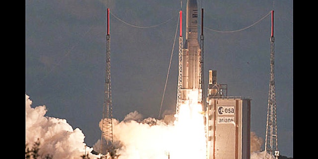 July 5, 2012: An Ariane 5 ascends from French Guiana at sunset with the EchoStar 17 and MSG-3 satellite payloads into orbit from Guiana Space Center in Kourou, French Guiana.