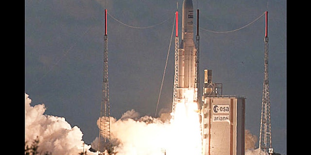 July 5, 2012: An Ariane 5 ascends from French Guiana at sunset with the EchoStar 17 and MSG-3 satellite payloads into orbit from Guiana Space Center in Kourou, French Guiana.