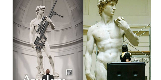 A tale of two Davids: The controversial Armalite ad, left, and the real David undergoing restoration (Armalite/Reuters)