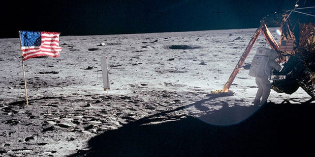 The only full-body photo of Neil Armstrong on the moon shows him working at the Apollo 11 lunar module "Eagle."