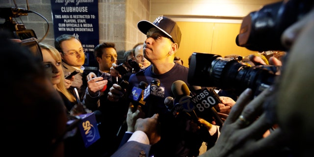 New York Yankees' Alex Rodriguez listens to a question form the media before an opening day a baseball game against the Boston Red Sox, Monday, April 1, 2013, in New York. (AP Photo/Matt Slocum)