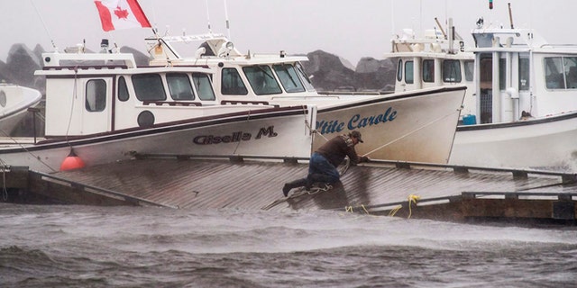 July 5, 2014: A lobster fisherman slips but holds on while trying to secure lines to his fishing boat after the floating dock broke apart during tropical storm Arthur in Escuminac, New Brunswick. (AP)