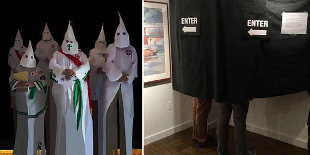 The piece titled "State of the Union" was eventually pushed to behind a black drape in the exhibit as school officials at Salem State University compromised.