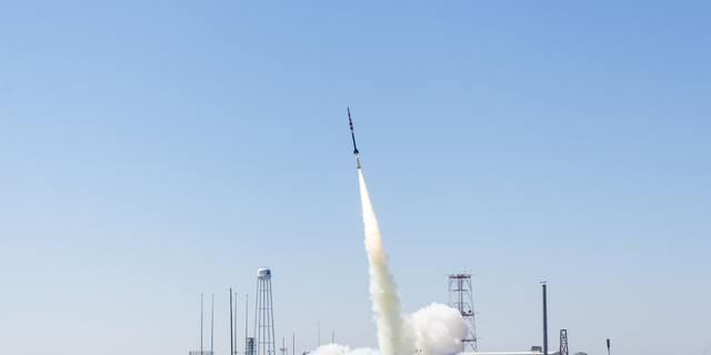 A NASA Black Brant IX sounding rocket carrying the Advanced Supersonic Parachute Inflation Research Experiment or ASPIRE launches from the agency's Wallops Flight Facility on Wallops Island, Virginia on March 31, 2018.