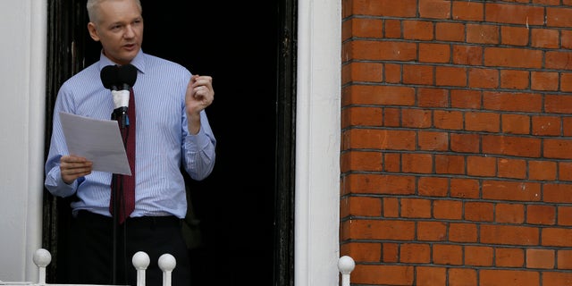 Aug. 19, 2012: Julian Assange, founder of WikiLeaks makes a statement from a balcony of the Equador Embassy in London. Assange called on United States President Barack Obama to end a "witch hunt" against the secret-spilling WikiLeaks organization.