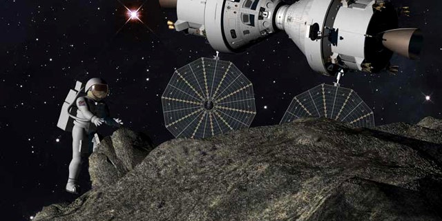 This artist's illustration depicts a 'Plymouth Rock' asteroid mission with astronauts and NASA's Orion spacecraft as envisioned by Lockheed Martin.