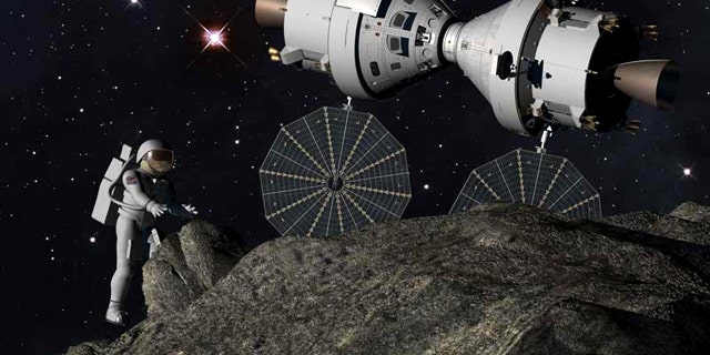 This artist's illustration depicts a 'Plymouth Rock' asteroid mission with astronauts and NASA's Orion spacecraft as envisioned by Lockheed Martin.
