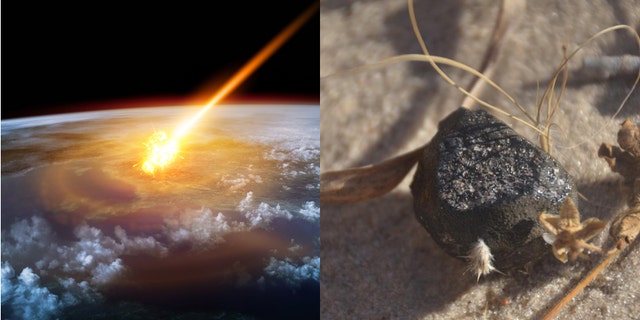 A meteor glowing as it enters the Earth's atmosphere (James Thew) (iStock)/The meteroite fragment found in Botswana