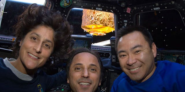NASA astronauts Sunita Williams (left), Joe Acaba (center) and Japanese astronaut Akihiko Hoshide are pictured aboard the International Space Station during their Expedition 32 mission.