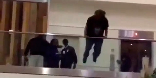 Airport officials had just arrived on the scene when the traveler launched himself over the railing.
