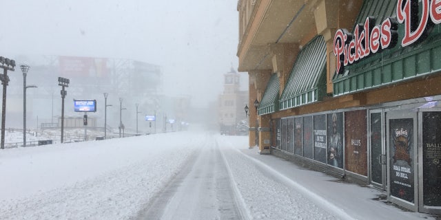The Boardwalk near Bally’s Casino in Atlantic City, New Jersey during a major snowstorm.