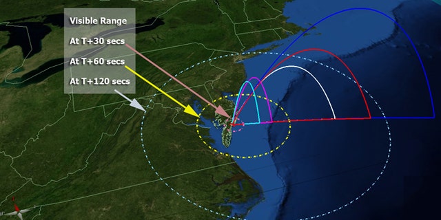 This map of the United States' mid-Atlantic region shows the flight profile of NASA's five ATREX rockets, as well as the projected area where they may be visible after launch on March 14, 2012. The rockets' chemical tracers, meanwhile, should be visible from South Carolina through much of New England.
