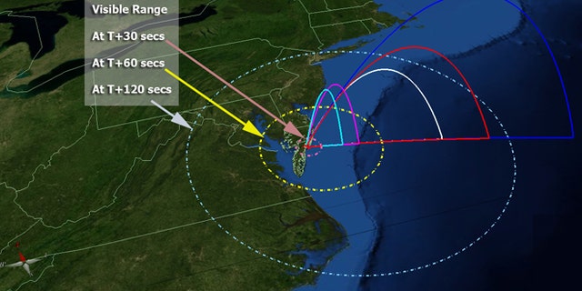 This map of the United States' mid-Atlantic region shows the flight profile of NASA's five ATREX rockets, as well as the projected area where they may be visible after launch on March 14, 2012. The rockets' chemical tracers, meanwhile, should be visible from South Carolina through much of New England.