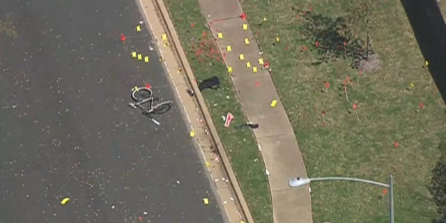 Evidence markers can be seen at the site of Sunday's bombing in Austin, Texas.