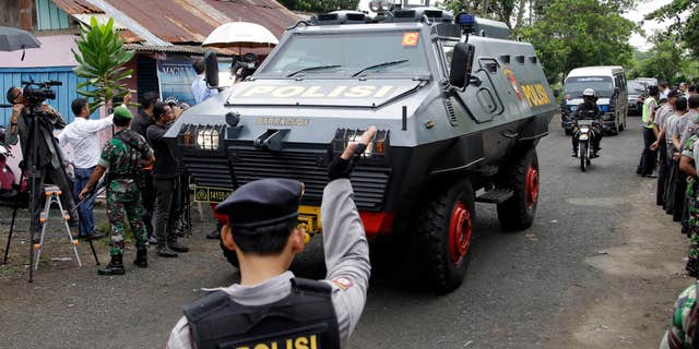 March 4, 2015: One of Indonesian police armored vehicles carrying two Australian prisoners arrives at Wijaya Pura port in Cilacap, Central Java, Indonesia.