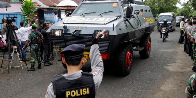 March 4, 2015: One of Indonesian police armored vehicles carrying two Australian prisoners arrives at Wijaya Pura port in Cilacap, Central Java, Indonesia.