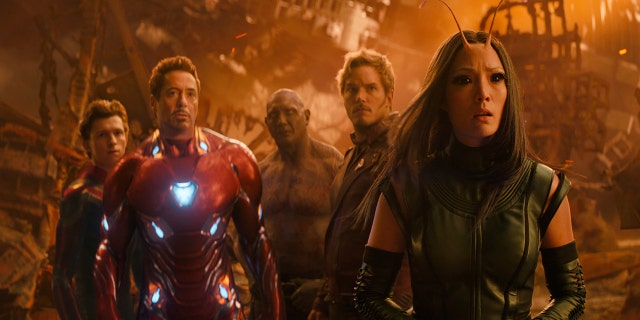 This image released by Marvel Studios shows, from left, Tom Holland, Robert Downey Jr., Dave Bautista, Chris Pratt and Pom Klementieff in a scene from "Avengers: Infinity War."