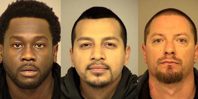Mugs shots for Rahim Leblanc, 30, (l) Carlos Chavez, 28, (c) and Joseph Valenzuela, 38, (r).