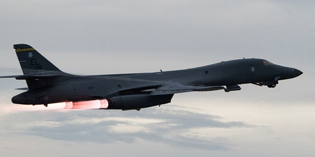 A U.S. Air Force B-1B Lancer takes-off to fly a bilateral mission with Japanese and South Korea Air Force jets.