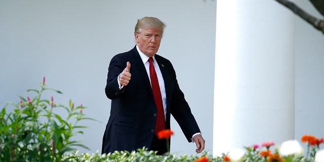 U.S. President Donald Trump gives a thumbs up as he walks up the West Wing, June 2017.