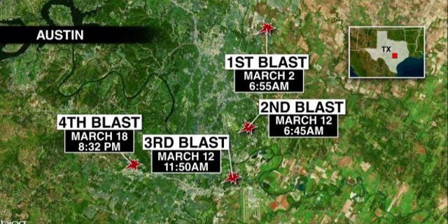 A map shows the location of each of the four bombings in Austin.
