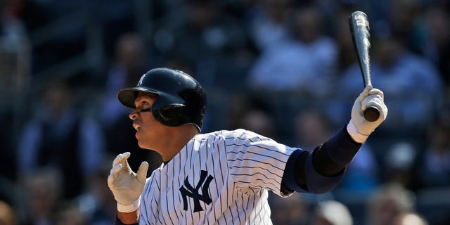 Alex Rodriguez after a base hit against the Toronto Blue Jays at Yankee Stadium, Monday, April 6, 2015.