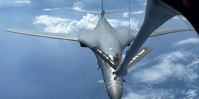 A U.S. Air Force B-1B Lancer assigned to the 37th Expeditionary Bomb Squadron, deployed from Ellsworth Air Force Base, South Dakota, refuels during a 10-hour mission from Andersen Air Force Base, Guam, flying in the vicinity of Kyushu, Japan, the East China Sea, and the Korean peninsula, Aug. 7