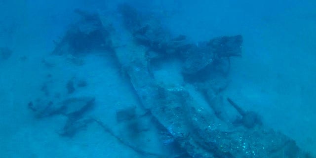 The remains of the starboard wing and landing gear of the “Heaven Can Wait” B-24. The images were capture via a remotely operated vehicle that was used to explore and document the wreck as it was to deep for divers. (Project Recover)