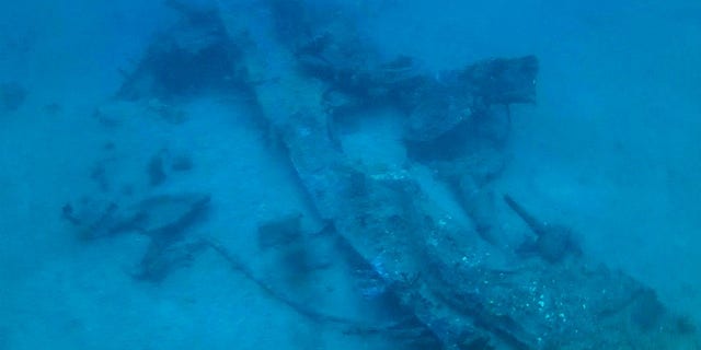 The remains of the starboard wing and landing gear of the “Heaven Can Wait” B-24. The images were capture via a remotely operated vehicle that was used to explore and document the wreck as it was to deep for divers. (Project Recover)