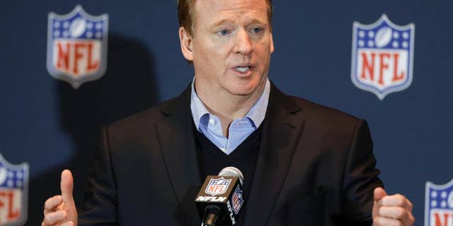 FILE - in this March 26, 2014, file photo, NFL Commissioner Roger Goodell answers questions during a news conference in Orlando, Fla. Goodell says the league asked for, but was not given, a just-released video showing former Baltimore Ravens running back Ray Rice hitting his then-fiancee on an elevator. Goodell says during an interview with CBS aired Tuesday, Sept. 9, 2014: "We assumed that there was a video. We asked for video. But we were never granted that opportunity." (AP Photo/John Raoux, File)