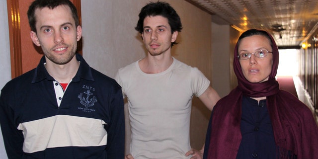 In this May 21, 2010 file photo, American hikers Shane Bauer, left, Josh Fattal, center, and Sarah Shourd are shown in Tehran.