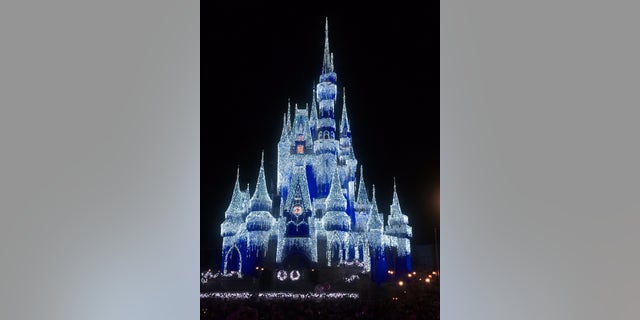 Cinderella's Castle lit up at night.