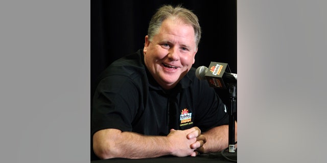 Oregon head coach Chip Kelly laughs as he answers a reporter's question during media day for the Fiesta Bowl NCAA college football game, Monday, Dec. 31, 2012, in Scottsdale, Ariz. Oregon is scheduled to play Kansas State on Jan. 3, 2013, in Glendale. (AP Photo/Paul Connors)