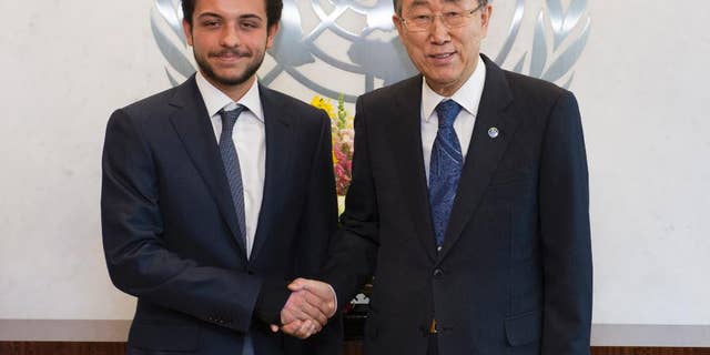 In this photo provided by the United Nations, Crown Prince Al Hussein Bin Abdullah II, Hashemite Kingdom of Jordan, left, shakes hands with United Nations Secretary General Ban Ki-moon at United Nations headquarters, Thursday, April 23, 2015. On Thursday, Jordan's 20-year-old crown prince became the youngest person ever to chair a meeting of the U.N. Security Council. (Mark Garten/The United Nations via AP)