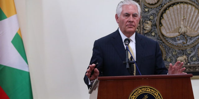 Secretary of State Rex Tillerson talks to media during a press conference after he met with Burma's State Counselor Aung San Suu Kyi at Naypyitaw, Burma, November 15, 2015