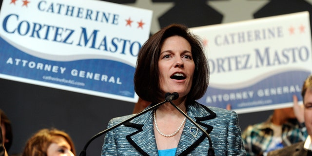 LAS VEGAS - NOVEMBER 02: Nevada's Democratic Attorney General Catherine Cortez Masto delivers her acceptance speech after she won re-election at the Nevada State Democratic Party's election results party at the Aria Resort & Casino at CityCenter November 2, 2010 in Las Vegas, Nevada. In one of the nation's most closely watched races, U.S. Senate Majority Leader Harry Reid (D-NV) retained his seat for a fifth term against Sharron Angle, a Tea Party favorite. (Photo by Ethan Miller/Getty Images) *** Local Caption *** Catherine Cortez Masto