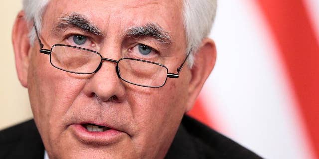 FILE- In this April 12, 2017, file photo, Secretary of State Rex Tillerson speaks to the media during a shared press conference with Russian Foreign Minister Sergey Lavrov following their talks in Moscow, Russia. In a letter sent late Tuesday, April 18, to House Speaker Paul Ryan, Tillerson said the administration has undertaken a full review of the agreement, known as the Joint Comprehensive Plan of Action. "Iran remains a leading state sponsor of terror, through many platforms and methods," Tillerson wrote. (AP Photo/Ivan Sekretarev, File)