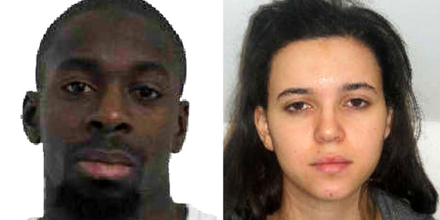 Pictured in this composite of handout photos provided by the Direction Centrale de la Police Judiciaire on January 9, 2015 are Amedy Coulibaly, aged 32, (L) who is wanted in connection with the shooting of a French policewoman yesterday and suspected as being involved in the ongoing hostage situation at a Kosher store in the Porte de Vincennes area of Paris, and known associate Hayat Boumeddiene, aged 26. (Photo by Direction centrale de la Police judiciaire via Getty Images)