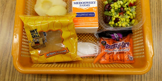 A school lunch featuring a grilled cheese sandwich.