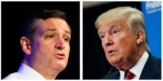 FILE - This two picture combo of file photos shows Republican presidential candidate, Sen. Ted Cruz, R-Texas, left, and Donald Trump. Two of the most outspoken Republican presidential candidates on illegal immigration, Cruz and Trump, are set to talk. Cruz, who requested the Wednesday meeting, told reporters at the Capitol that Trump "is bringing a bold, brash voice to this presidential race." (AP Photo/File)