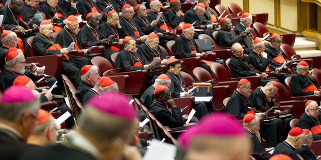 Cardinals and bishops listen to Pope Francis' speech as they attend a special consistory, in the Synod hall at the Vatican, Thursday, Feb. 12, 2015. Pope Francis met with cardinals and bishops who will take part in the upcoming Feb. 14, 2015 consistory during which he will elevate 20 new cardinals. Pope Francis is urging his cardinals to cooperate with his reform of the outdated and dysfunctional Vatican bureaucracy, saying the overhaul will help him govern the 1.2-billion-strong Catholic Church better and spread the faith more effectively. Francis summoned cardinals from around the world to hear proposals for revamping the church's central government. The proposals include merging offices and reducing waste. Opening the meetings Thursday, Francis said the aim was to encourage greater harmony and collaboration in "absolute transparency," to help the church spread the faith and reach out to others. (AP Photo/Andrew Medichini)