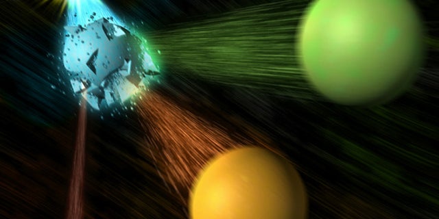 This illustration shows a an electron and positron colliding, resulting in a B meson (not shown) and an antimatter B-bar meson, which then decays into a D meson and a tau lepton as well as a smaller antineutrino. In findings reported in June 20.