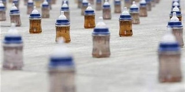 A installation of 4000 baby bottle are placed on the Swiss federal square to mark World Water Day, during a action of by relief organisation Helvetas in Bern March 22, 2010. REUTERS/Pascal Lauener