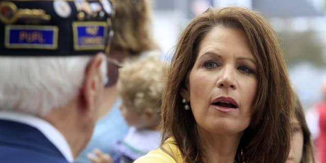 Minnesota Rep. Michele Bachmann speaks to a veteran at a North Hampton, NH Memorial Day parade Monday. (AP Photo)