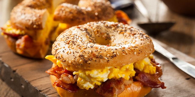 Hearty Breakfast Sandwich on a Bagel with Egg Bacon and Cheese